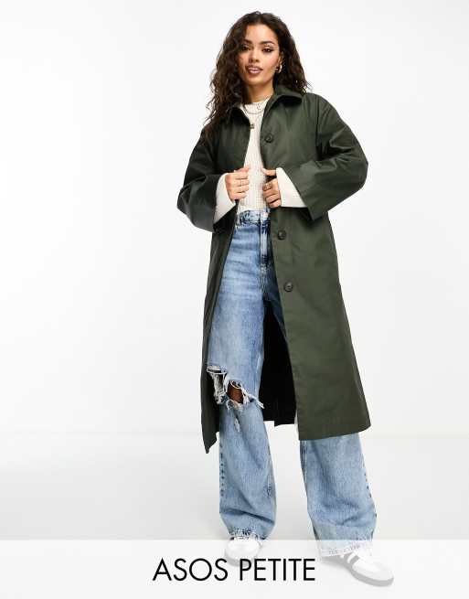 ASOS DESIGN Petite wax trench with cord collar in olive | ASOS