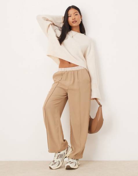 ASOS DESIGN Petite ankle grazer pull on trousers with contrast waist in camel