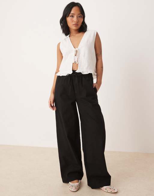 ASOS DESIGN Petite – Wciągane czarne spodnie o lnianym wyglądzie