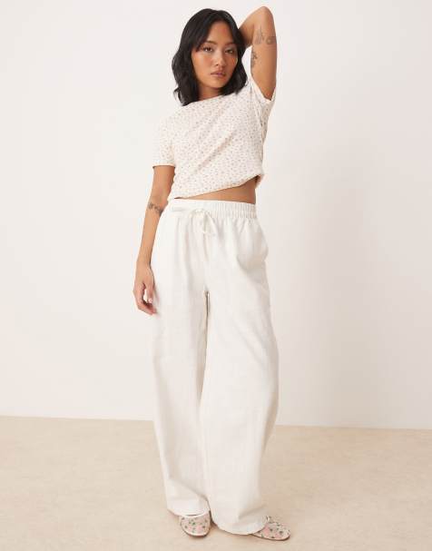 ASOS DESIGN Petite linen look pull on trouser in off white