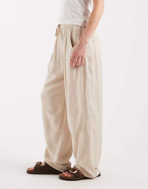 ASOS DESIGN Petite – Wciągane spodnie w stylu utility z lnianego diagonalu w naturalnym kolorze - view 1