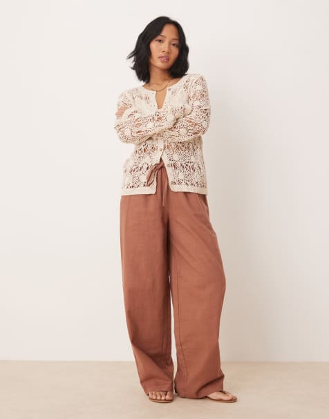 ASOS DESIGN Petite – Wciągane spodnie z imitacji lnu w kolorze mokki - view 1