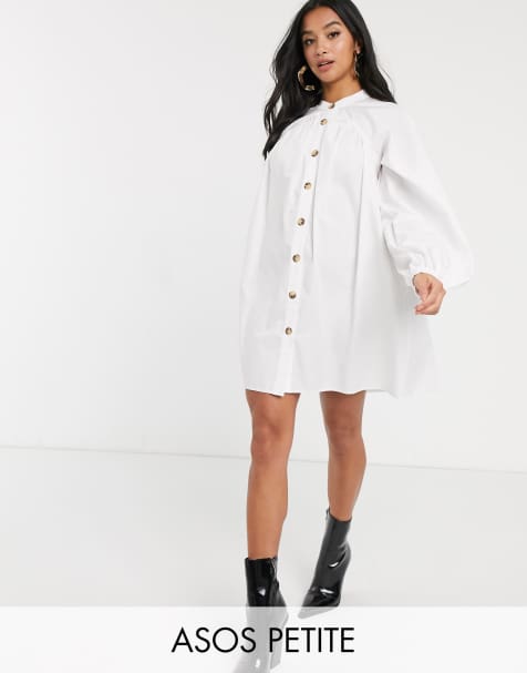 ASOS DESIGN Petite – Weißes Trapez-Minikleid aus Baumwolle mit Knopfleiste