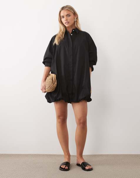 ASOS DESIGN Petite wide cuff shirt mini dress with bubble hem in black - view 1