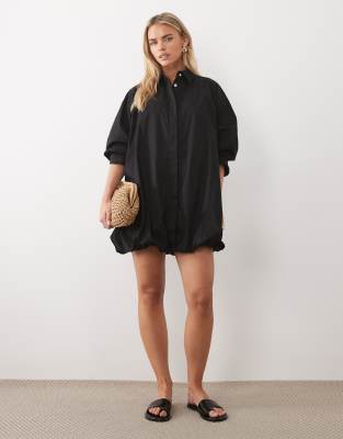 Asos Petite Asos Design Petite Wide Cuffs Mini Shirt Dress With Bubble Hem In Black