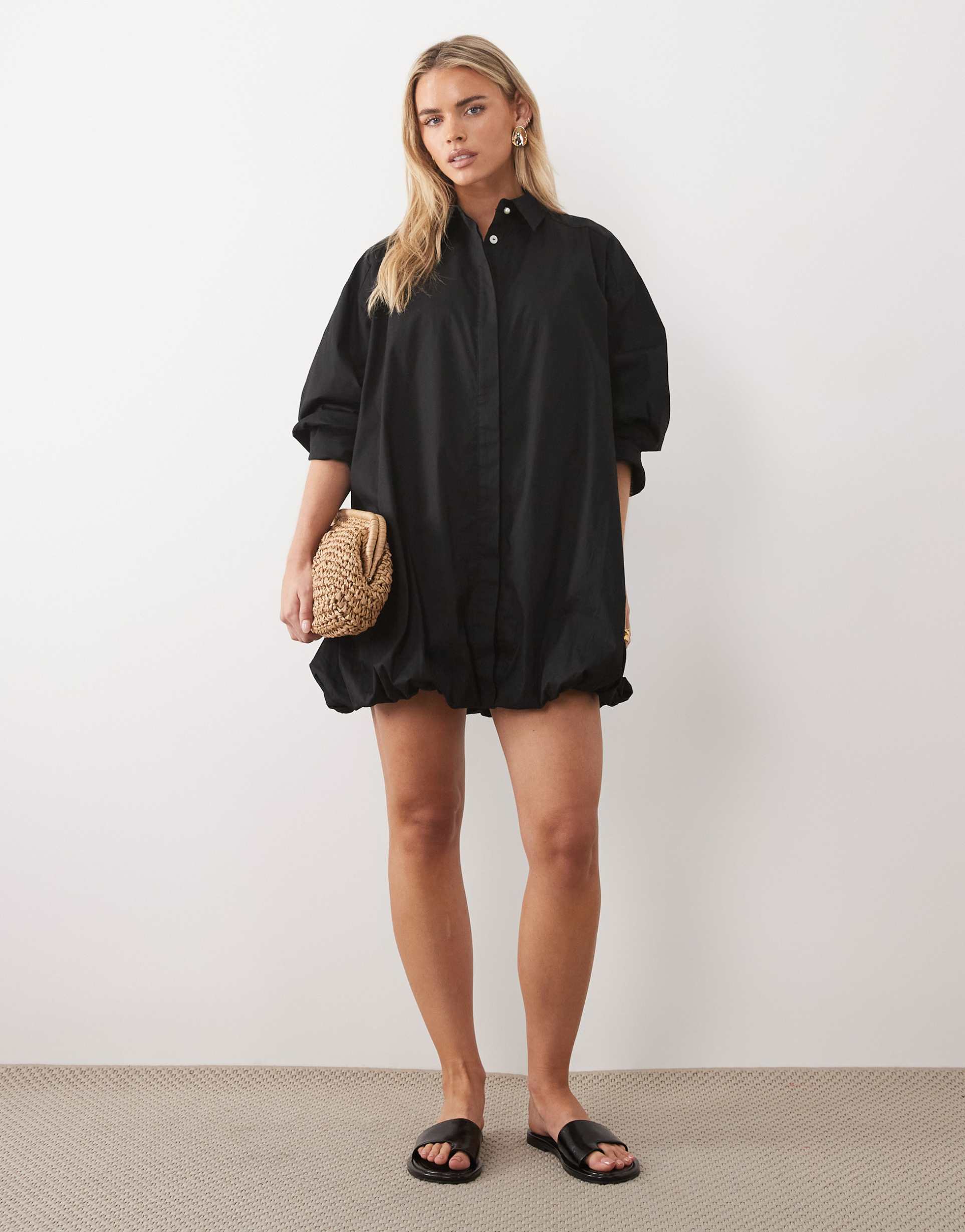 asos design petite wide cuffs mini shirt dress with bubble hem in black