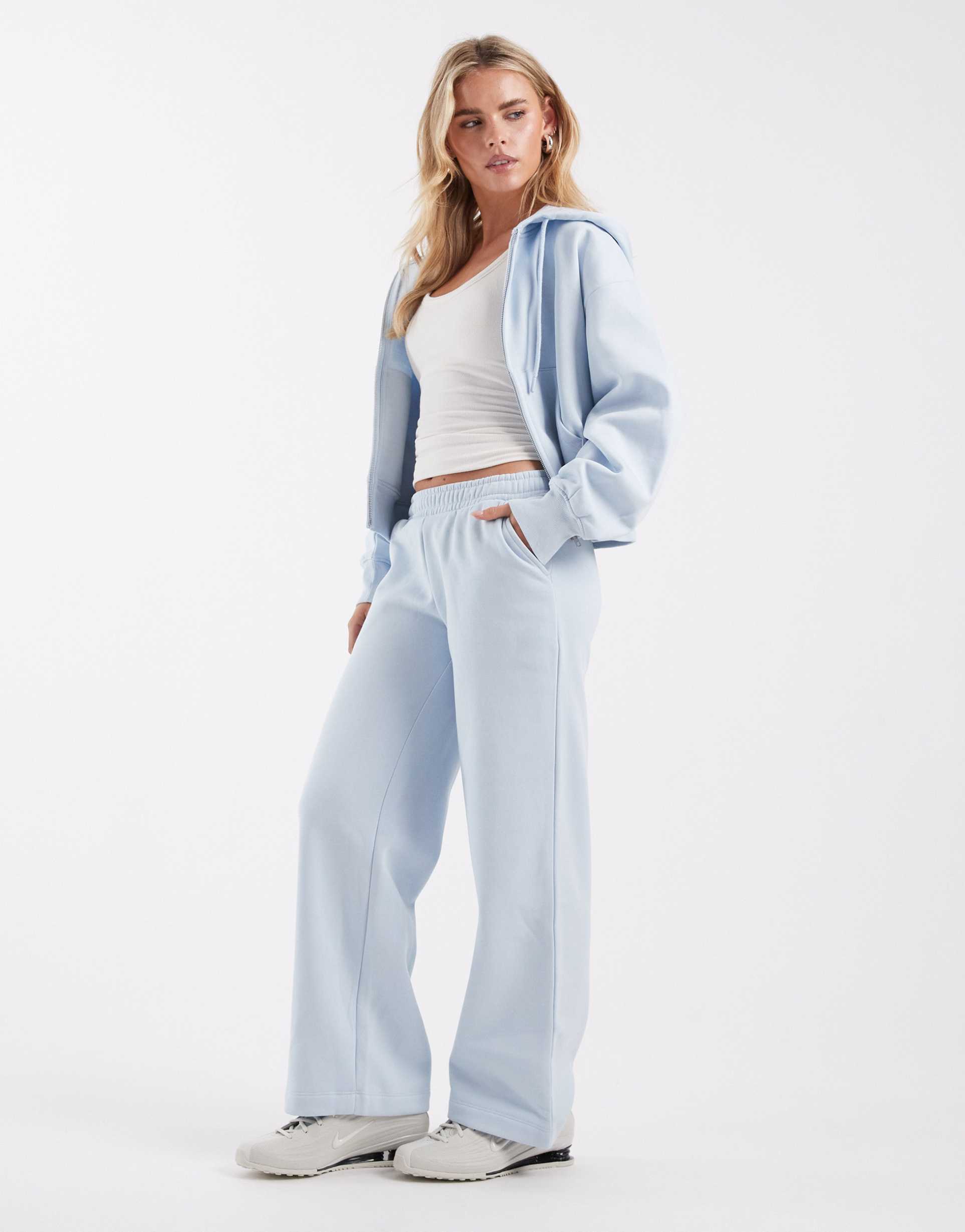 asos design petite wide leg brushback sweatpants in baby blue