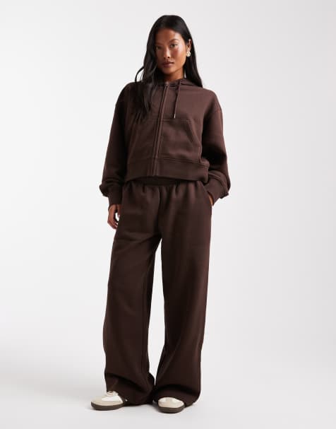 ASOS DESIGN Petite wide leg brushback sweatpants in chocolate - view 1