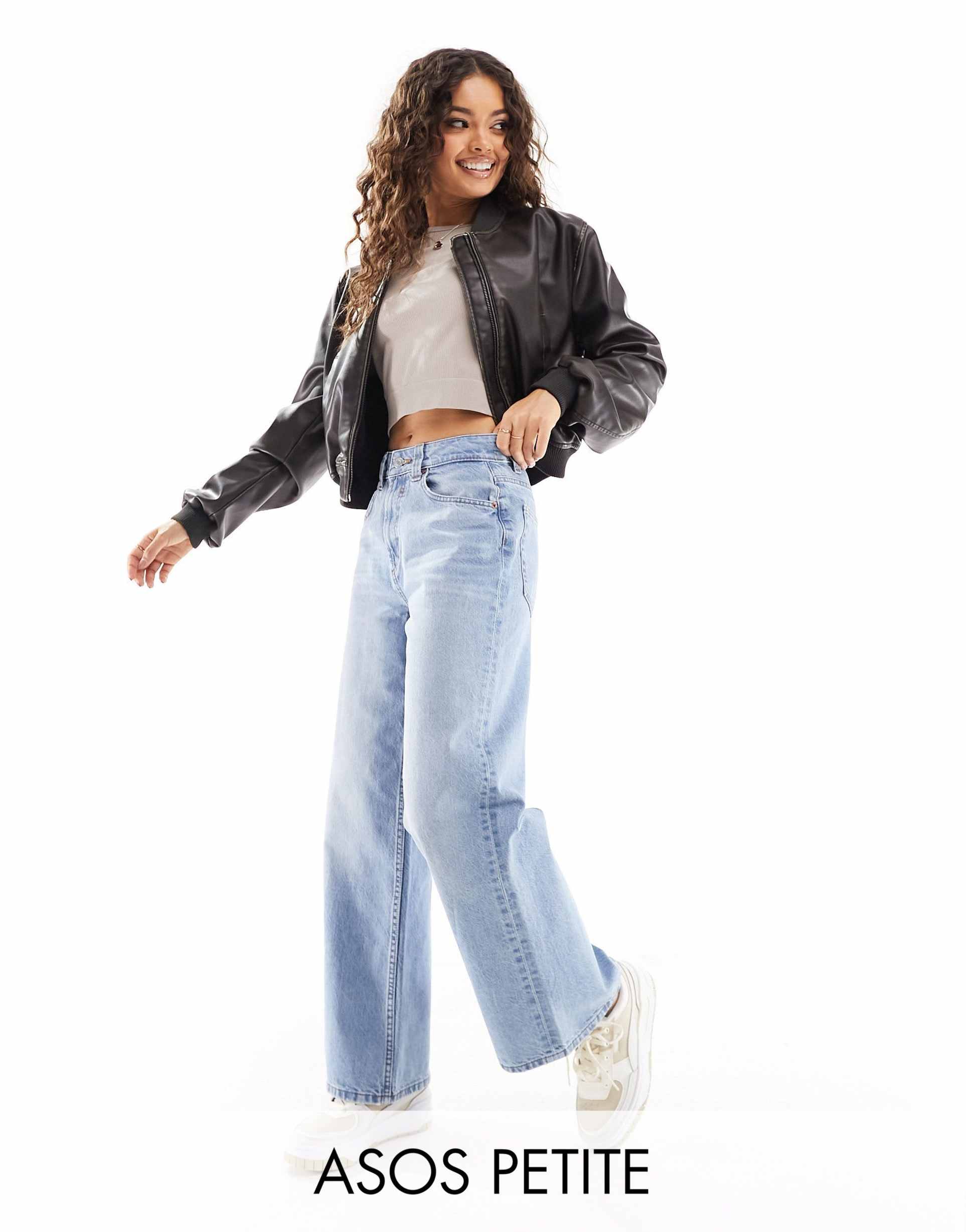 asos design petite wide leg dad jeans in blue wash
