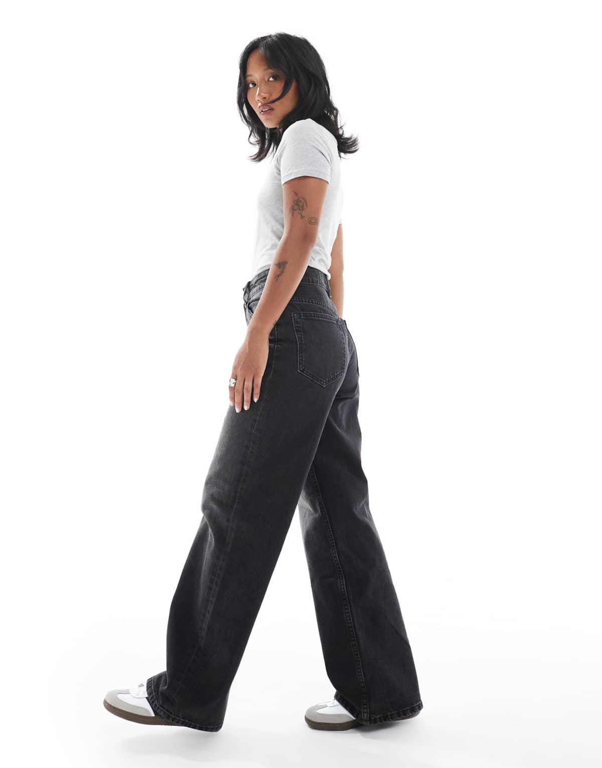 ASOS DESIGN Petite wide leg dad jeans in washed black