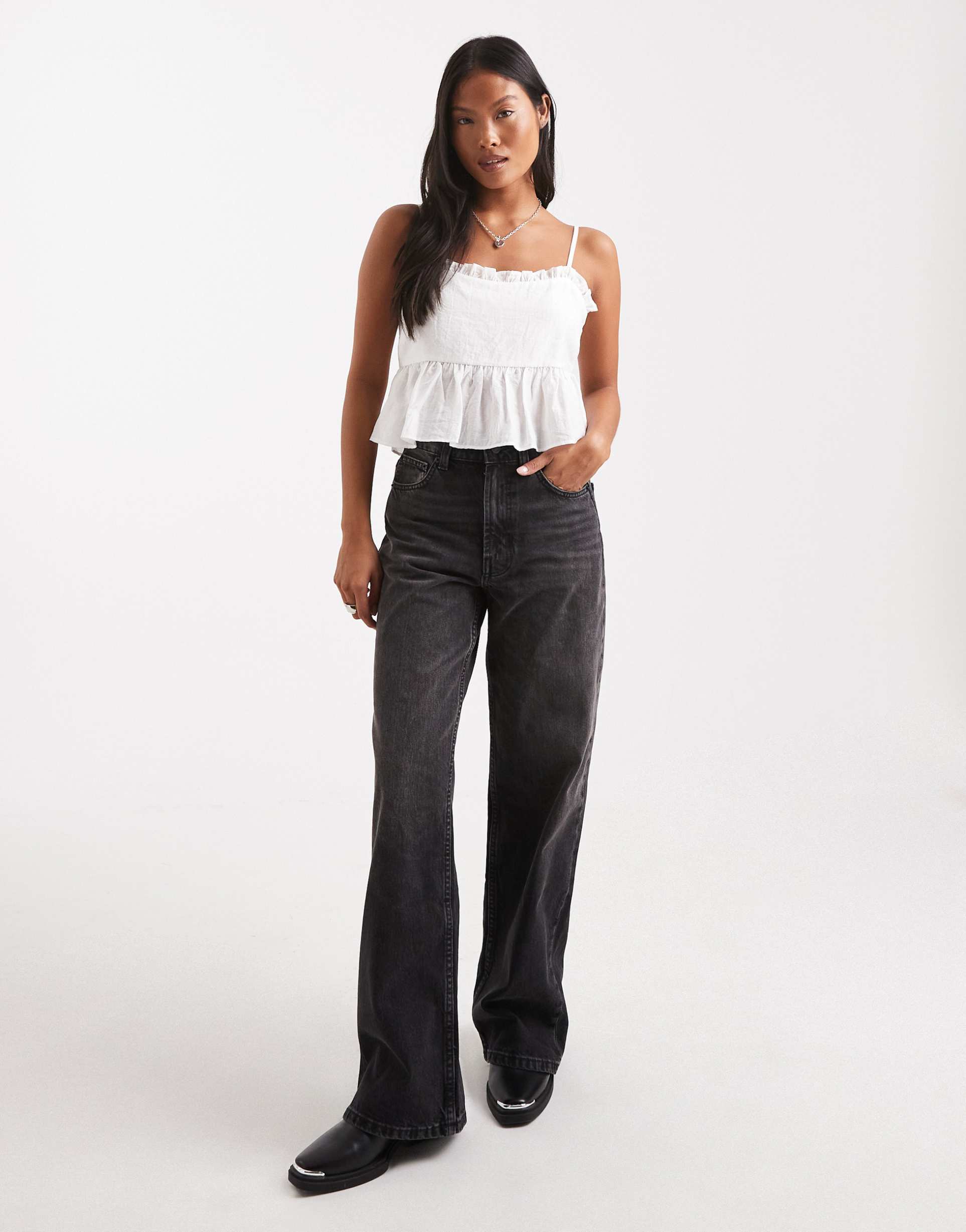 asos design petite wide leg dad jeans in washed black
