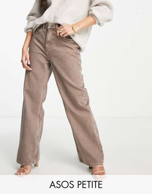 ASOS DESIGN Petite wide leg dad jeans in washed brown
