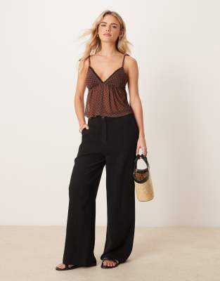 Petite wide leg dad pants with linen in black