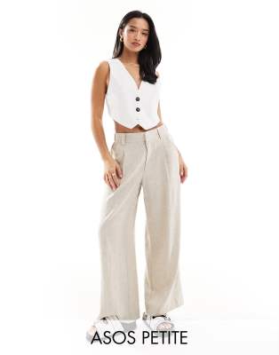 Asos Design Petite Wide Leg Dad Pants With Linen In Natural-neutral In Neutral
