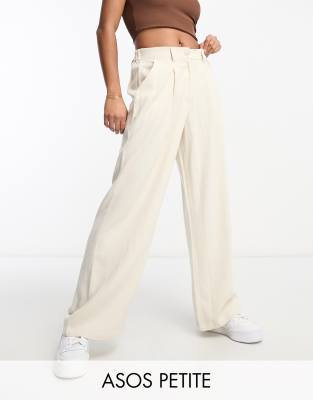 ASOS DESIGN Petite wide leg dad pants with linen in stone-Neutral