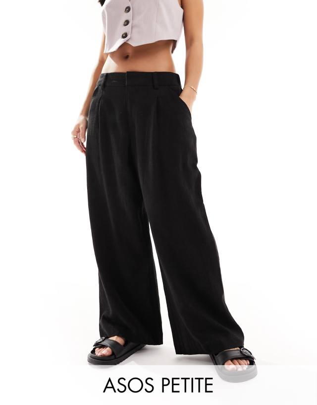 ASOS Petite - ASOS DESIGN Petite wide leg dad trouser with linen in black