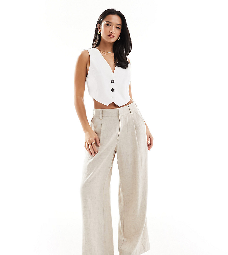 ASOS DESIGN Petite wide leg dad trouser with linen in natural-Neutral
