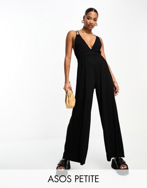 ASOS DESIGN Petite wide leg double strap beach jumpsuit in black | ASOS