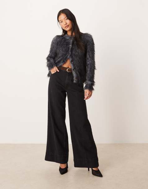 ASOS DESIGN Petite wide leg jean with crease front and belt in black