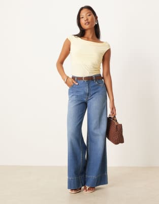 ASOS Petite ASOS DESIGN Petite wide leg jean with crease front and belt in dark mid wash-Blue