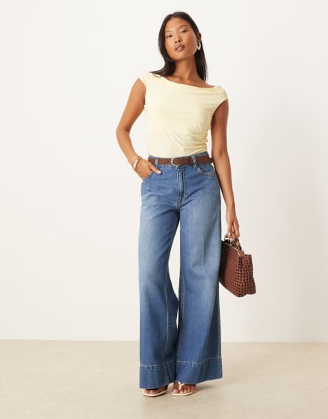 ASOS DESIGN Petite wide leg jean with crease front and belt in dark mid wash - view 1