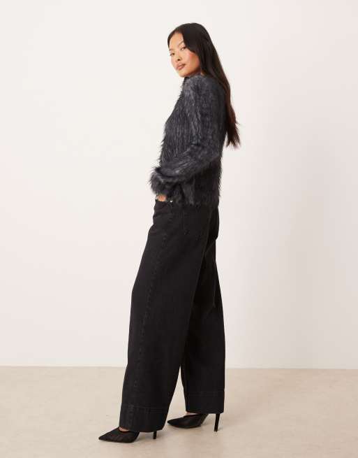ASOS DESIGN Petite wide leg jeans with crease front and belt in black, 2 of 5