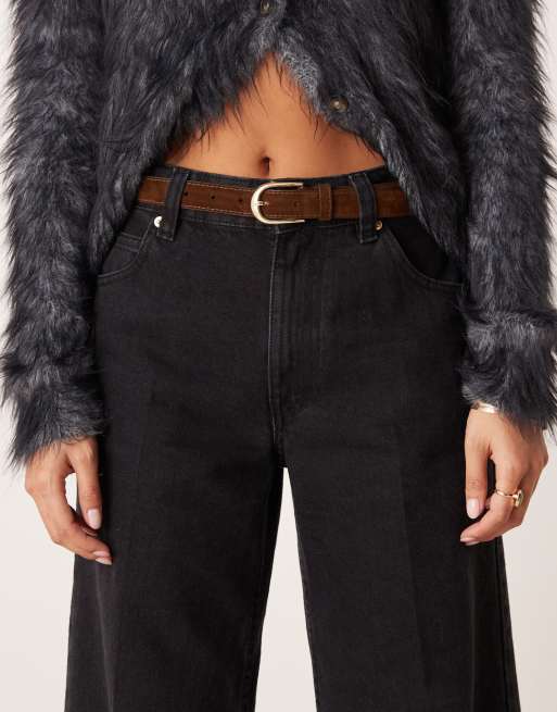 ASOS DESIGN Petite wide leg jeans with crease front and belt in black, 5 of 5