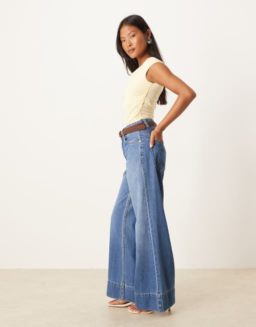 ASOS DESIGN Petite wide leg jeans with crease front and belt in dark mid wash