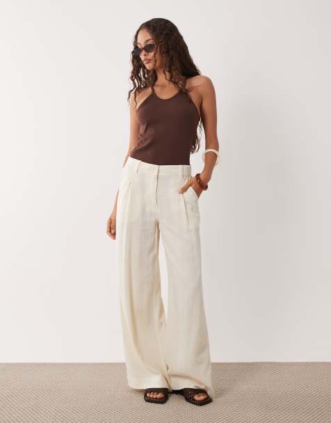 ASOS DESIGN Petite wide leg linen-blend pants with pleat detail in cream - view 1