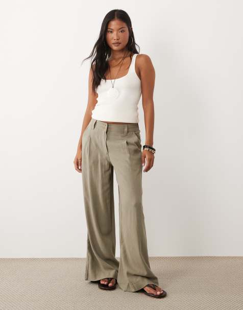 ASOS DESIGN Petite wide leg linen-blend pants with pleat detail in khaki - view 1