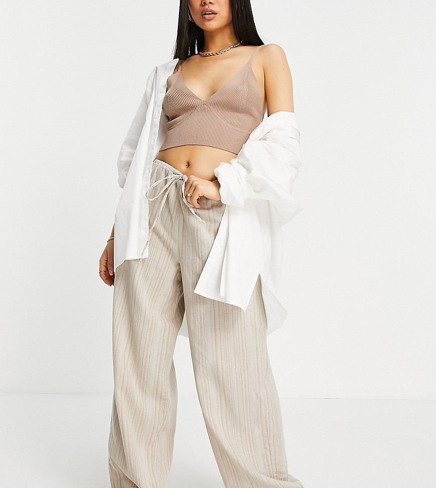 ASOS DESIGN Petite wide leg pant in brown laundered stripe - part of a set
