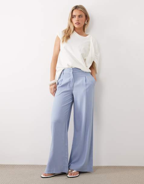 ASOS DESIGN Petite wide leg pants with pleat detail in linen blend in blue - view 1