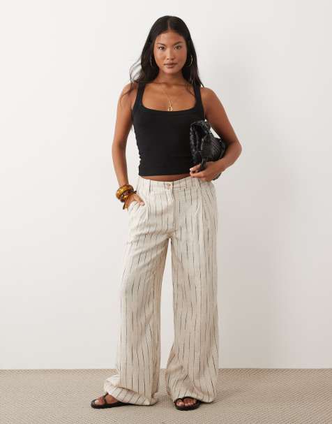 ASOS DESIGN Petite wide leg pants with pleat detail in linen blend in natural squiggle - view 1