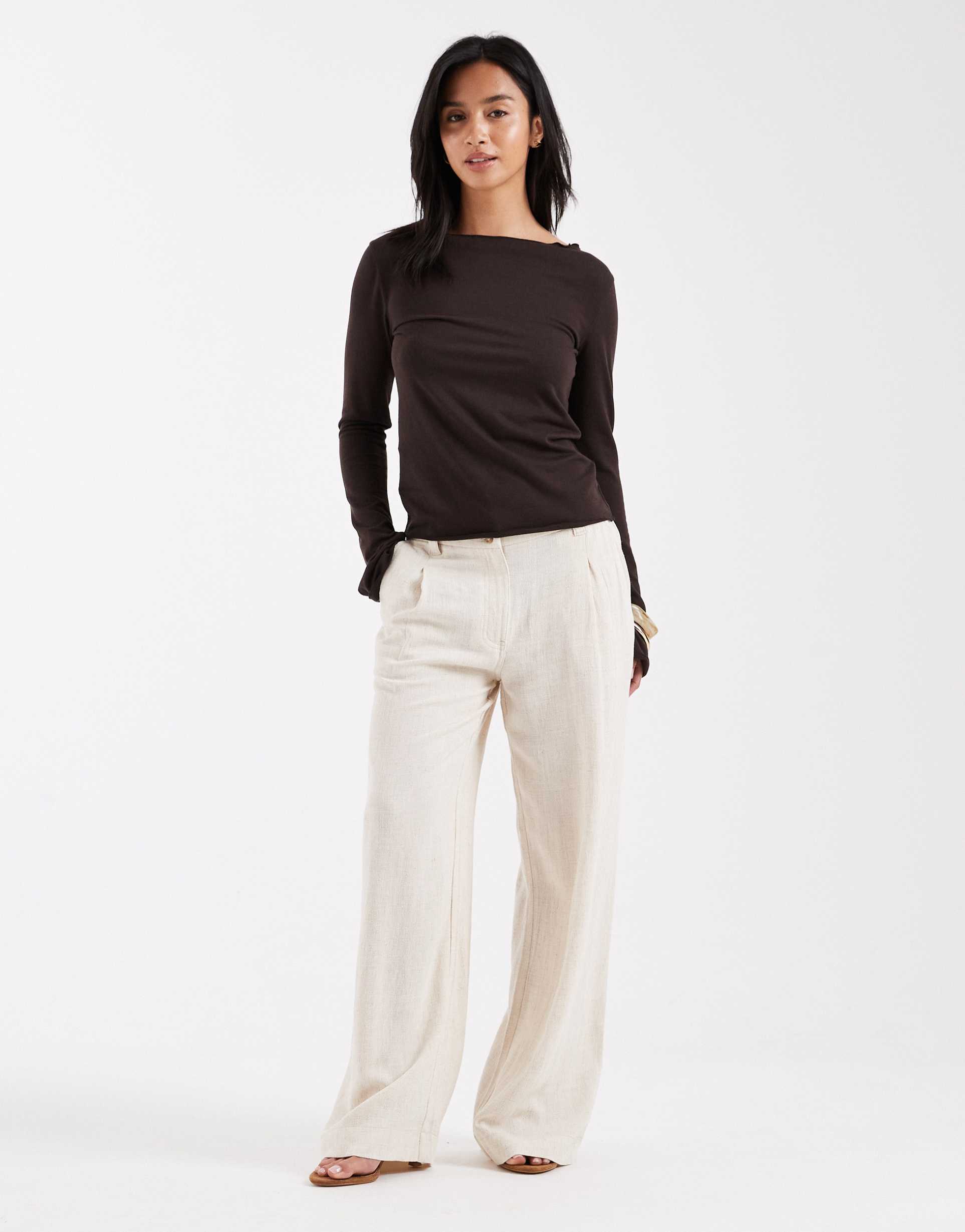 asos design petite wide leg pants with pleat detail in linen blend in natural