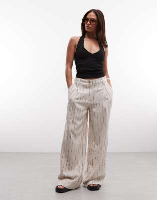 ASOS DESIGN Petite wide leg pants with pleat detail in linen look in natural squiggle-Neutral
