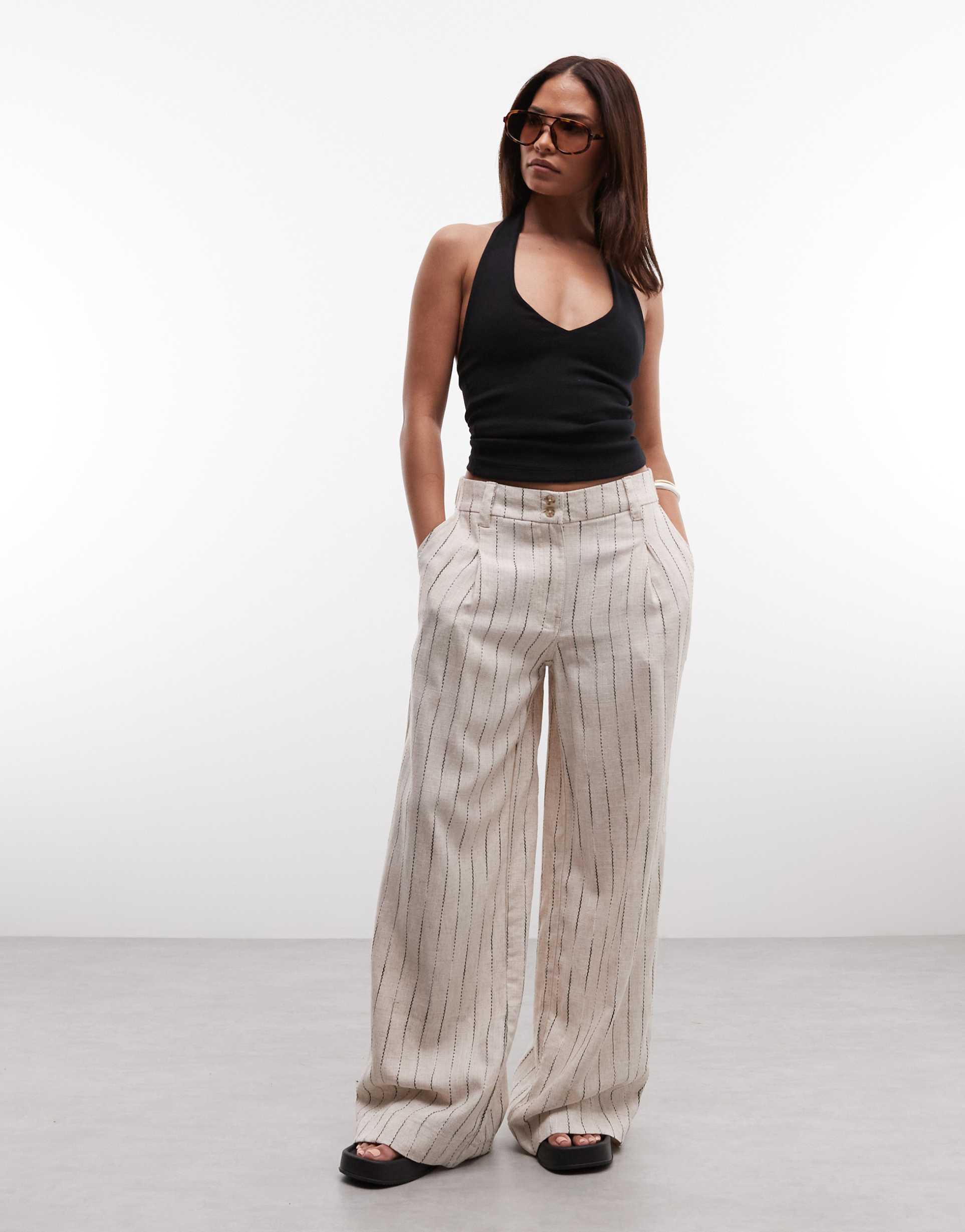 asos design petite wide leg pants with pleat detail in linen look in natural squiggle