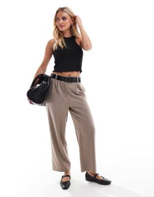 ASOS DESIGN Petite wide leg paper bag tailored trousers with belt trim in taupe-Neutral