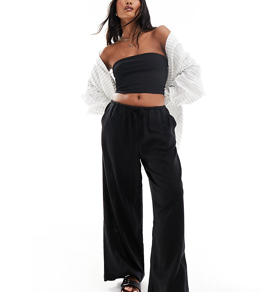 Asos Design Petite Wide Leg Pull On Pants With Linen In Black