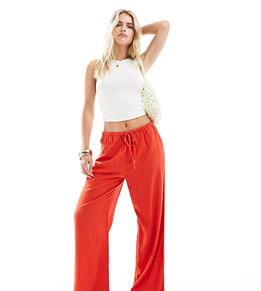 Asos Design Petite Wide Leg Pull On Pants With Linen In Red