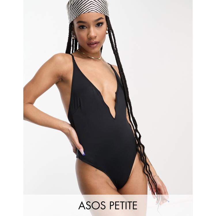 ASOS DESIGN high leg elastic thong swimsuit in black