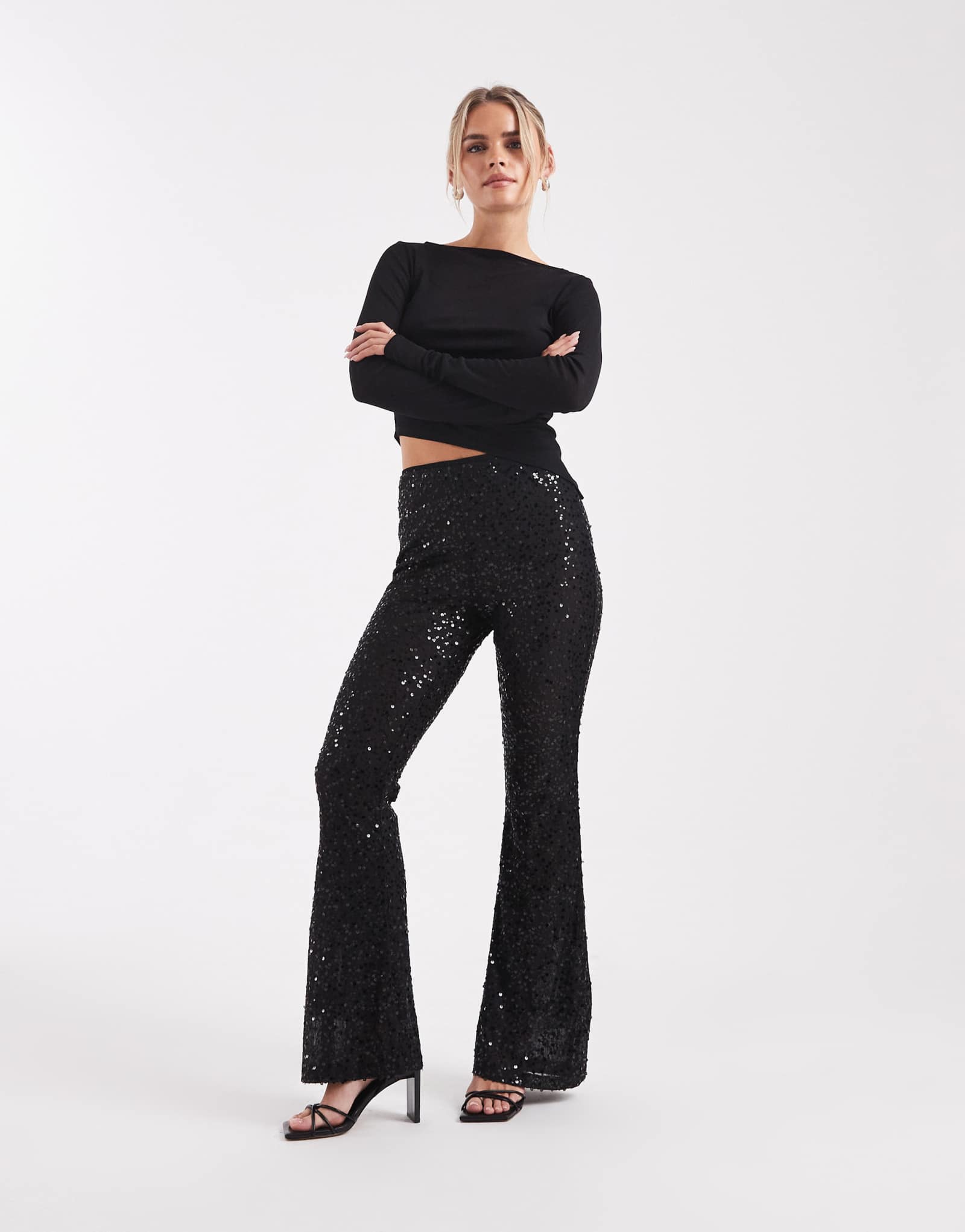 Черные расклешенные брюки из прозрачной сетки с блестками Petite wiggle от ASOS DESIGN