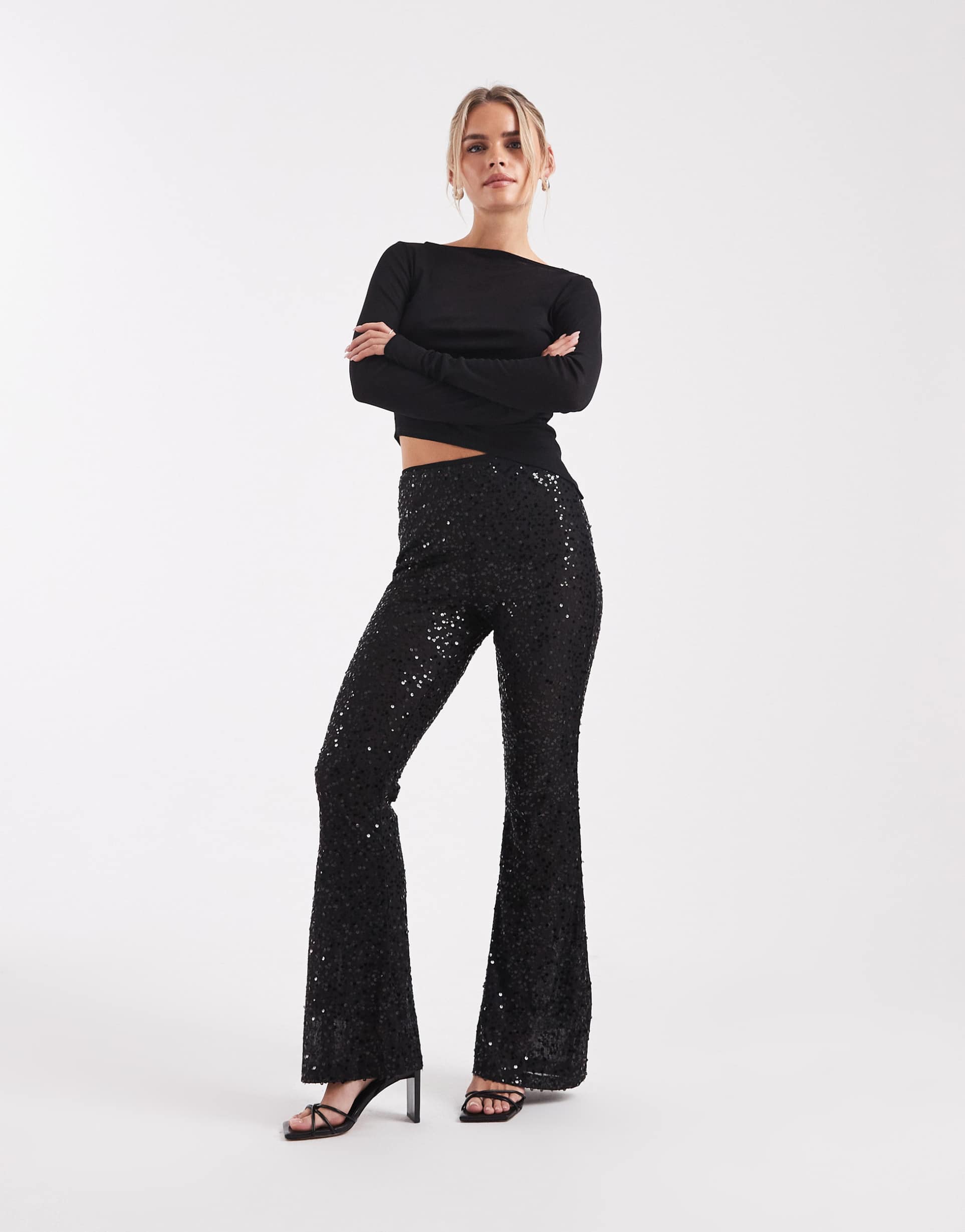 asos design petite wiggle sequin sheer mesh flared pants in black