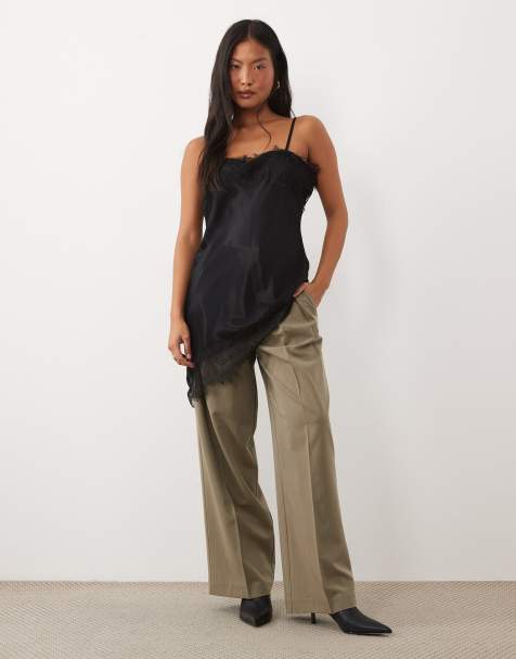 ASOS DESIGN Petite wijde broek met plooidetail in olijfgemêleerd - view 1