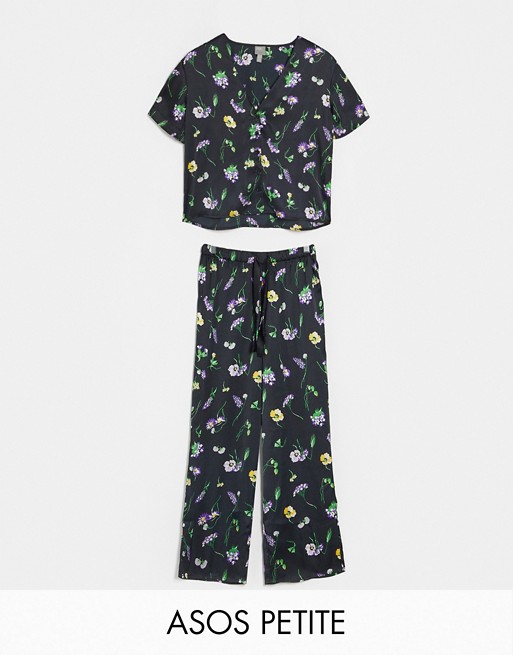 ASOS DESIGN Petite wild flower satin trouser & shirt