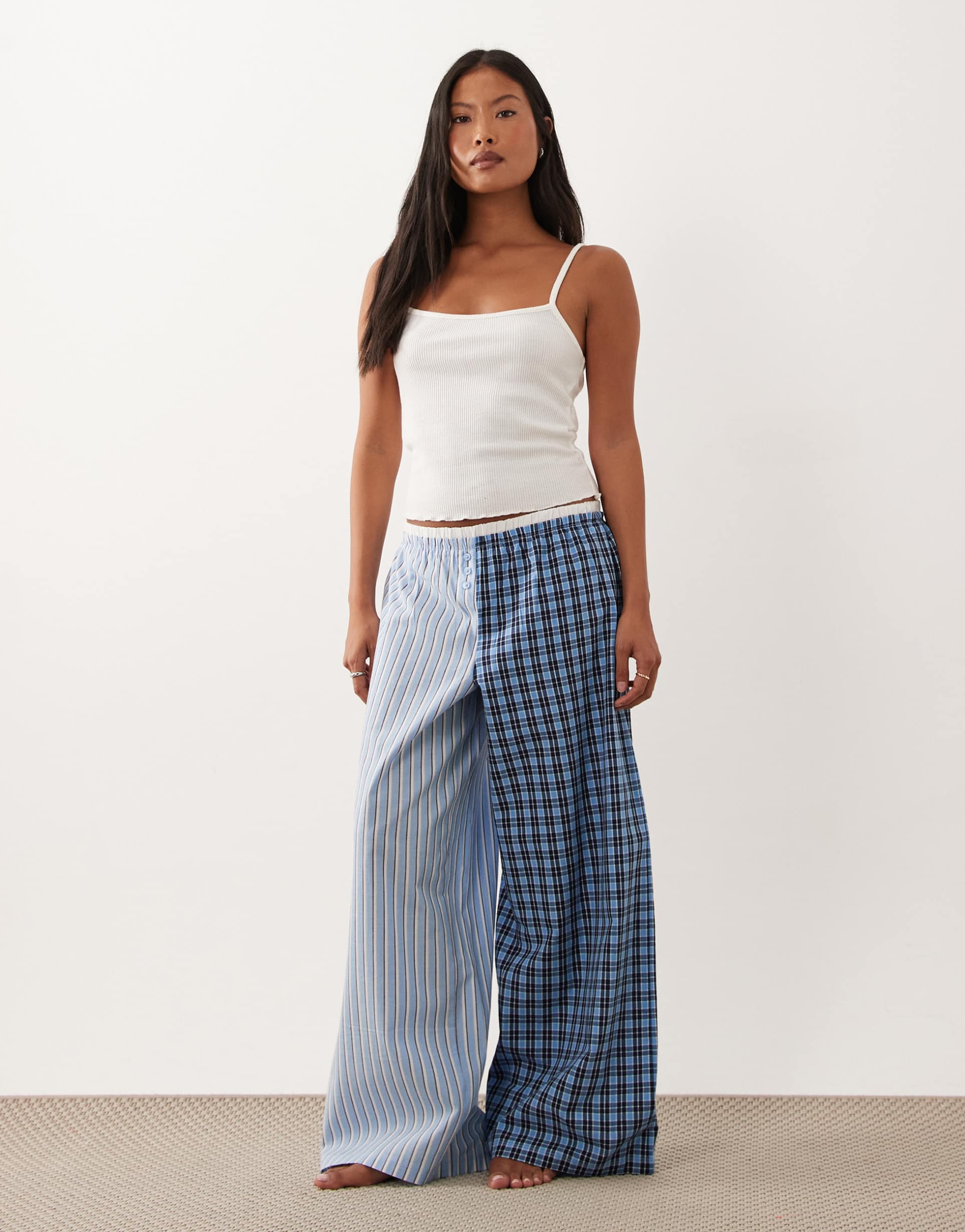 asos design petite woven spliced pajama pants with double waistband in blue stripes & plaid