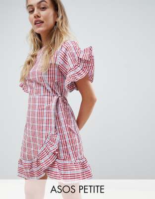 ASOS DESIGN Petite Wrap Front Frill Sleeve Skater mini dress In Gingham-Multi