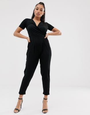 asos design wrap front jersey jumpsuit with short sleeve