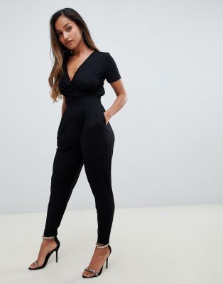 asos design wrap front jersey jumpsuit with short sleeve