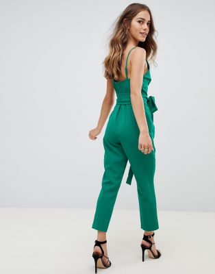 asos design wrap front jumpsuit with peg leg and self belt