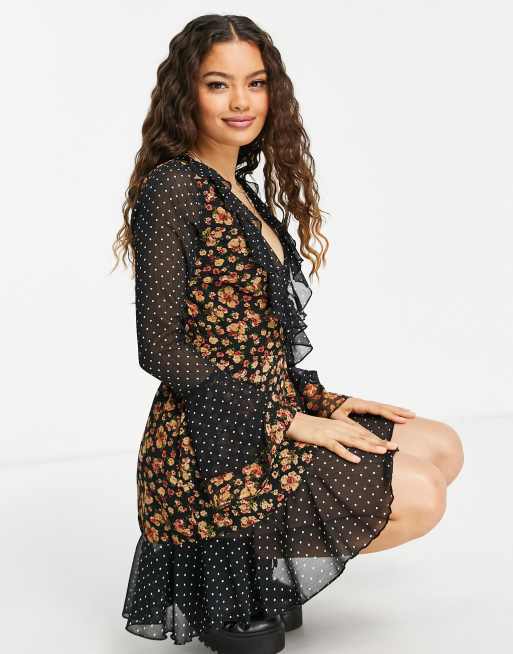 ASOS DESIGN Petite wrap front mini dress in mix and match spot and floral print, 4 of 4